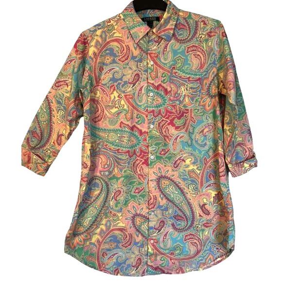 Ralph Lauren Top Womens Size S Paisley Oversized Embroidered Button Up Collar - Picture 1 of 7